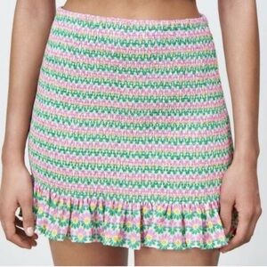 Zara Smocked Pink and Green Floral Mini Skirt NWT